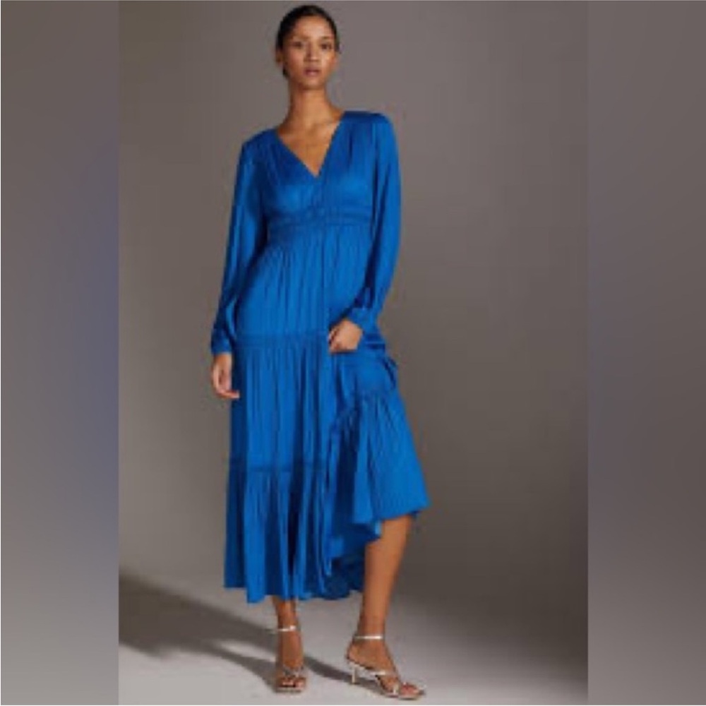 Anthropologie Blue Tiered Ruffled Sundress with Bishop Sleeves